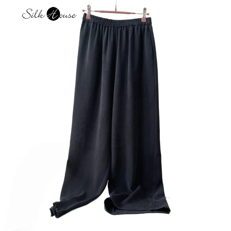 High Quality 32MM Heavy-duty 100% Natural Mulberry Silk Crepe De Chine Black Women's Casual Straight Leg Ankle-Length Pants