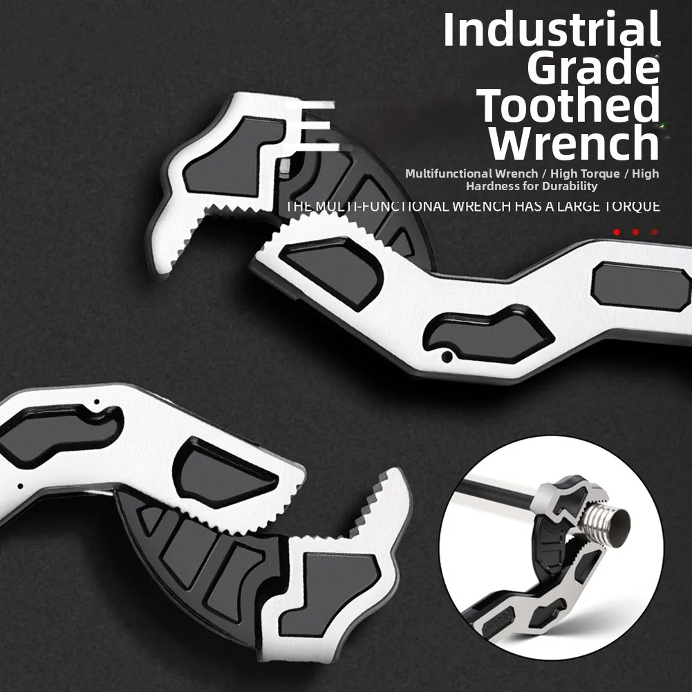 Self Adjusting Steel Pipe Wrench with Double Sided Teeth for Enhanced Grip Control and Time Saving Use on Damaged Nuts and Bolts