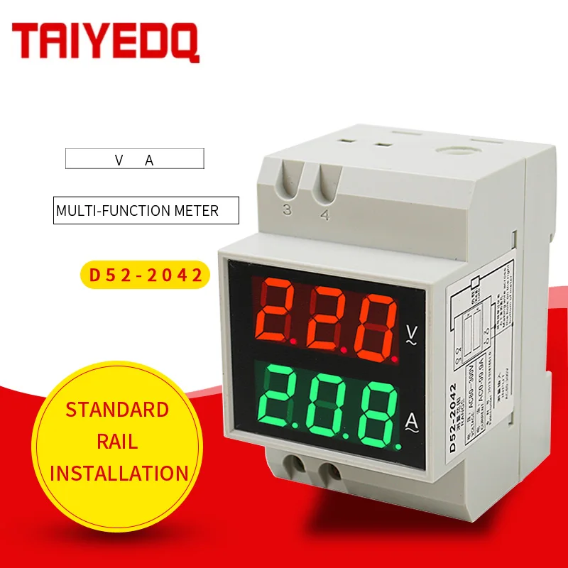 D52-2042 Din Rail Voltmeter Ammeter AC80-300V AC200V-450V Digital AC Voltmeter Voltage Current Meter LED Display Electric Meter