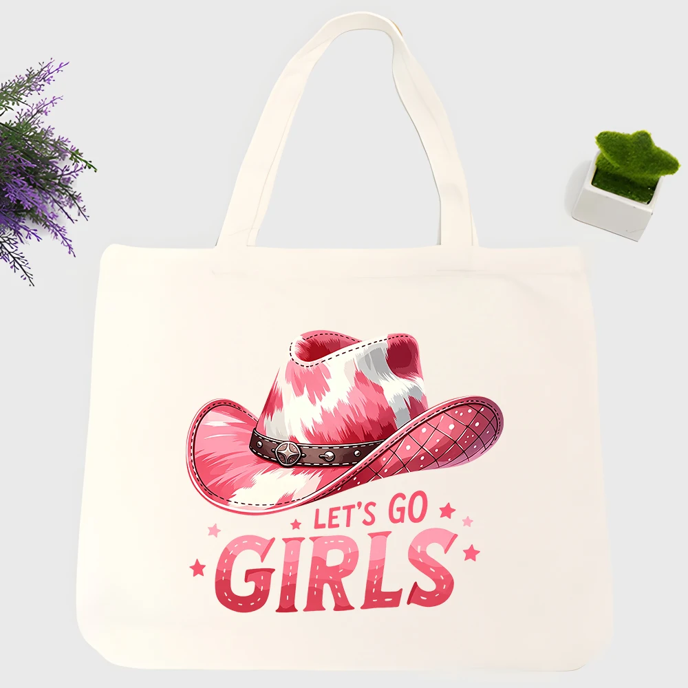 Women's pink cowgirl hat graphic canvas tote bag with letter print, perfect for casual outings and summer shopping