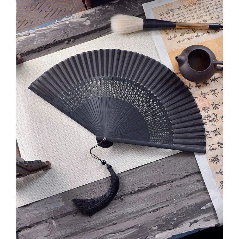 Chinese Bamboo Hand Fan Ventilador Portable Vintage Folding Black Silk Fan Classical Men Women Performance Prop Hand Fan