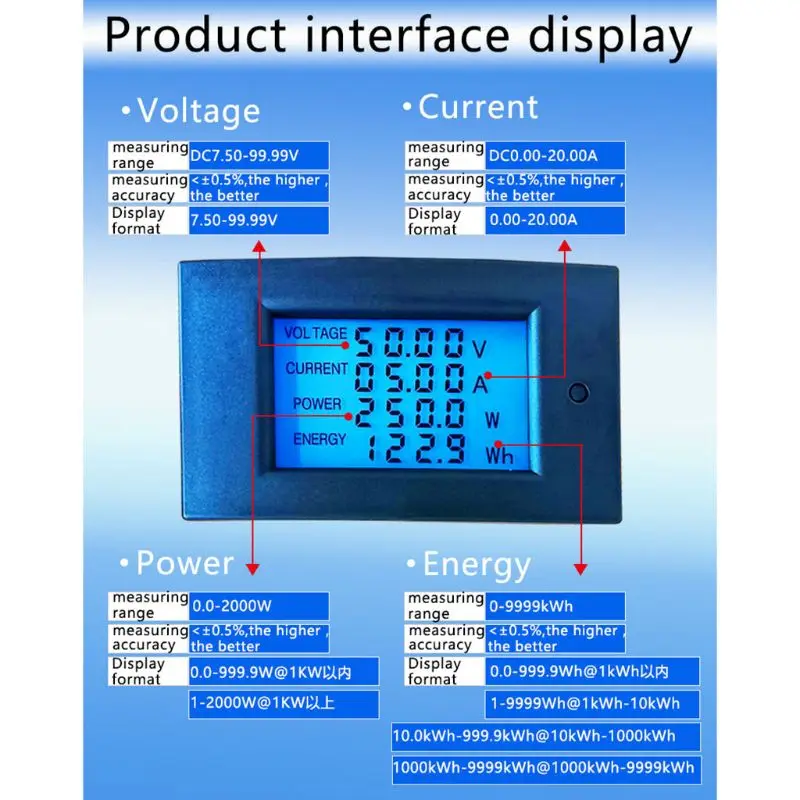 Wyświetlacz LCD Cyfrowy miernik napięcia prądu słonecznego Multimetr Amperomierz Woltomierz Watomierz Panel elektryczny Wskaźnik