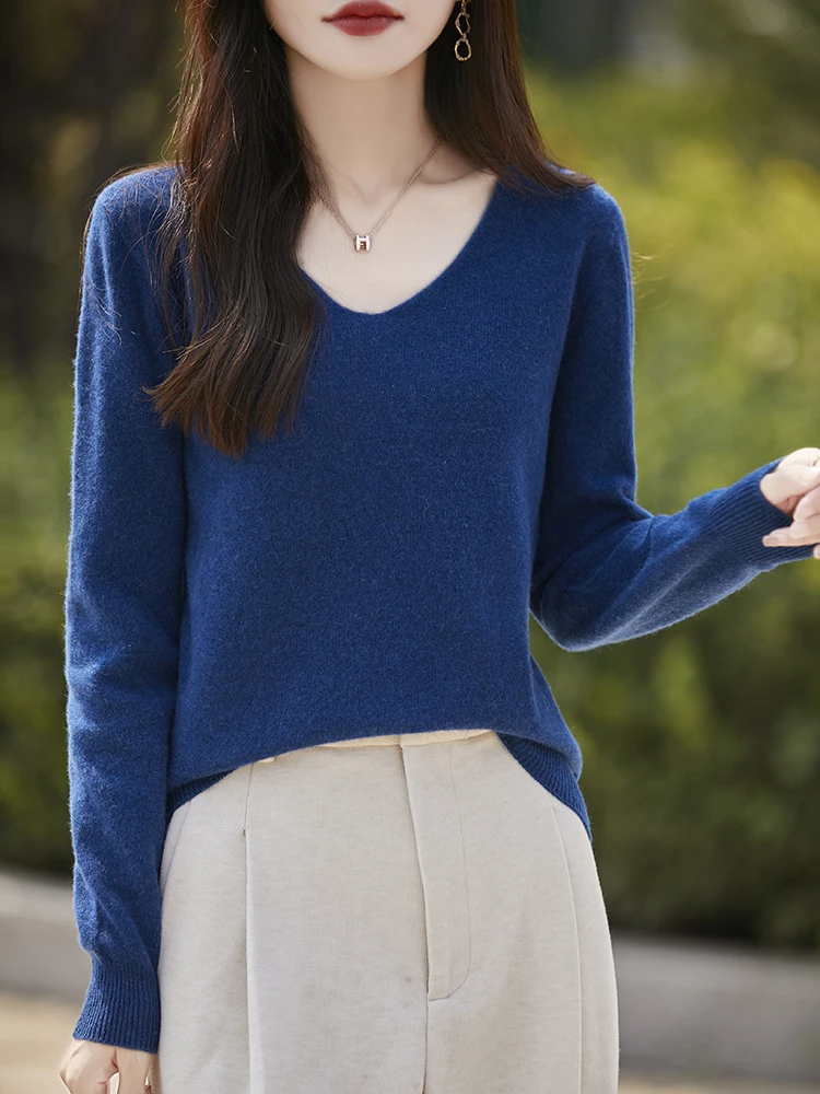 Fashion Basic  Women Merino Wool Sweater  Cashmere Pullover V-Neck Knitwear Slim Solid Collar