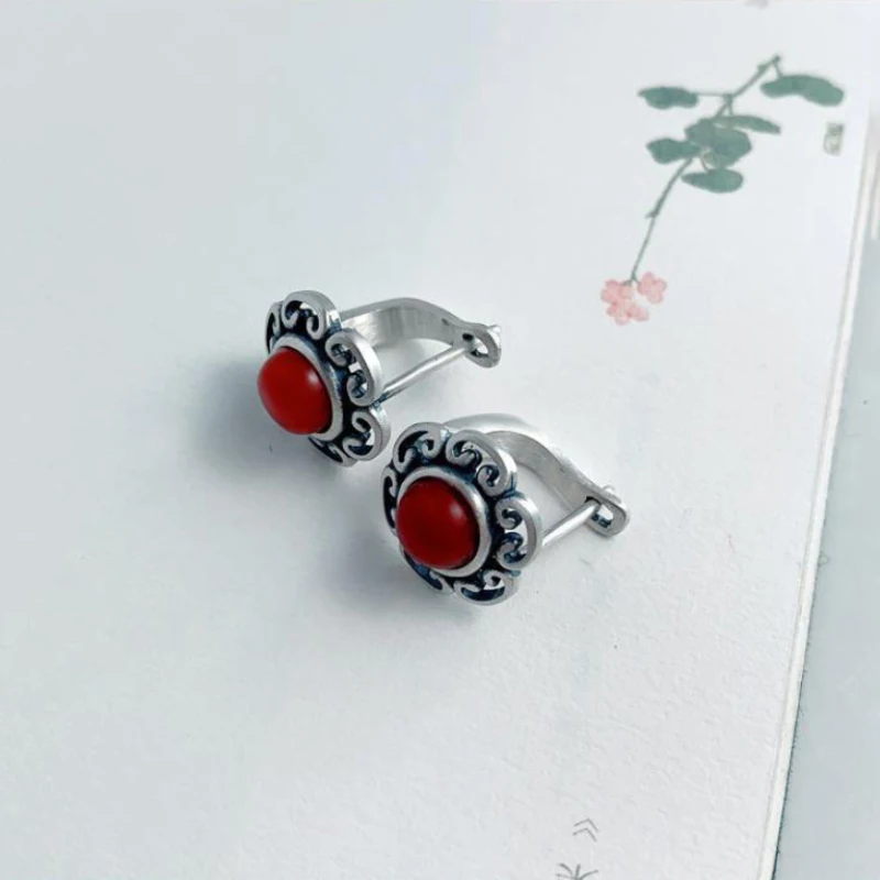 925 Silver Vintage South Red Tourmaline Flower earings stud Ethnic Style earrings for women Charms Exquisite Banquet Jewelry