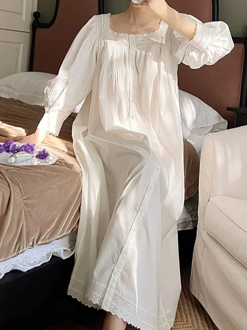 Women Night Dress Pure Cotton Robe Long Sleeve Romantic Vintage Nightgowns Princess Nightwear Sexy Sleep Shirts Palace Dress New