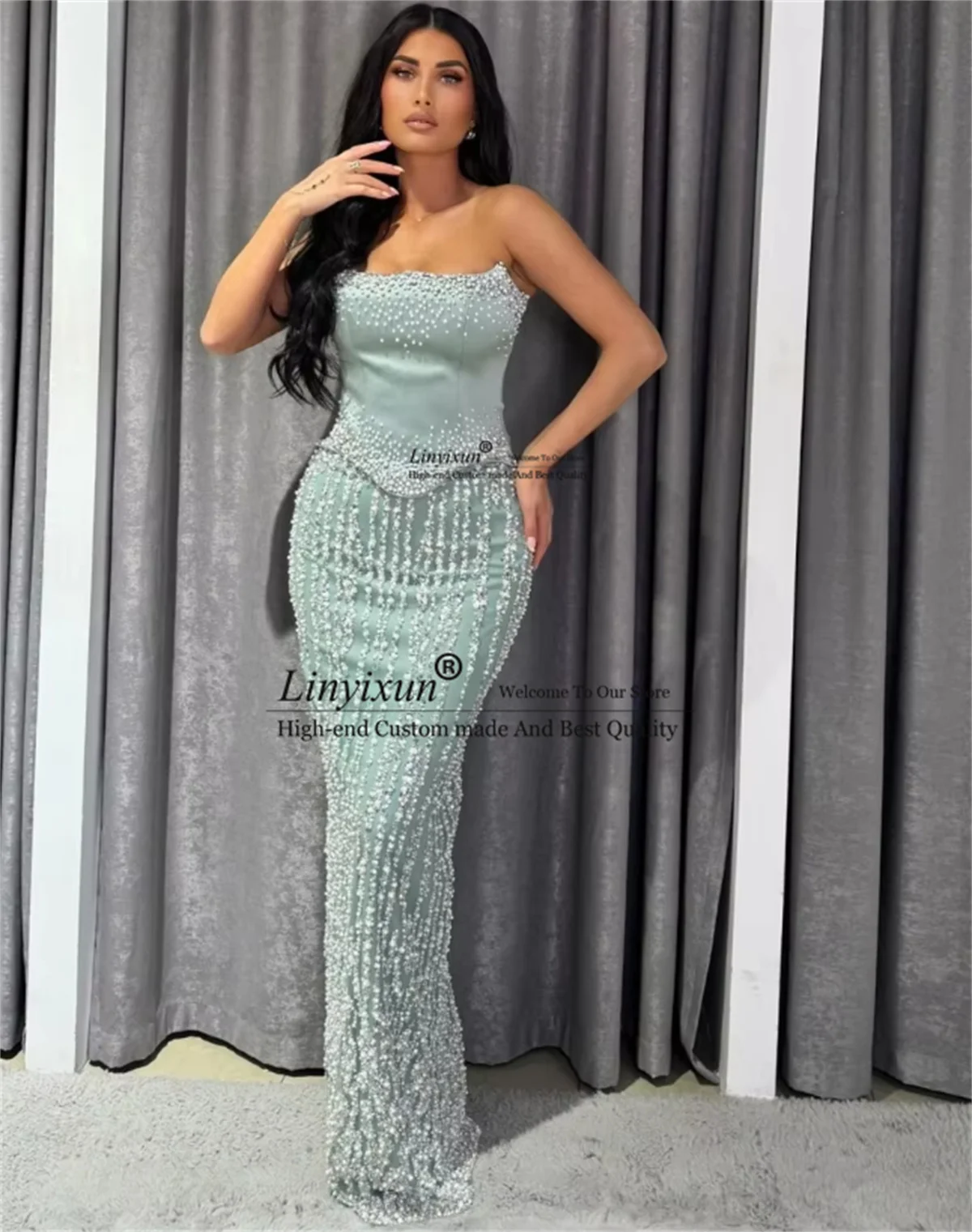 

Customized Beading Strapless Mermaid Prom Dresses Strapless Backless Sleeveless Evening Party Gown Floor-Length robes de soirée