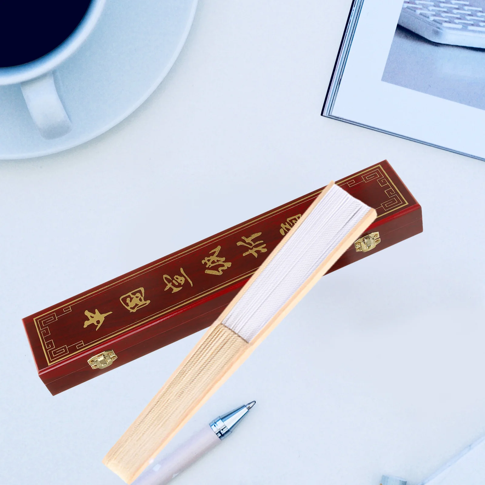 

Exquisite Wooden Folding Fan Storage Box Chinese Style Keepsake Organizer Multi-Use Brush Pen Holder Vintage Decorative Tassel