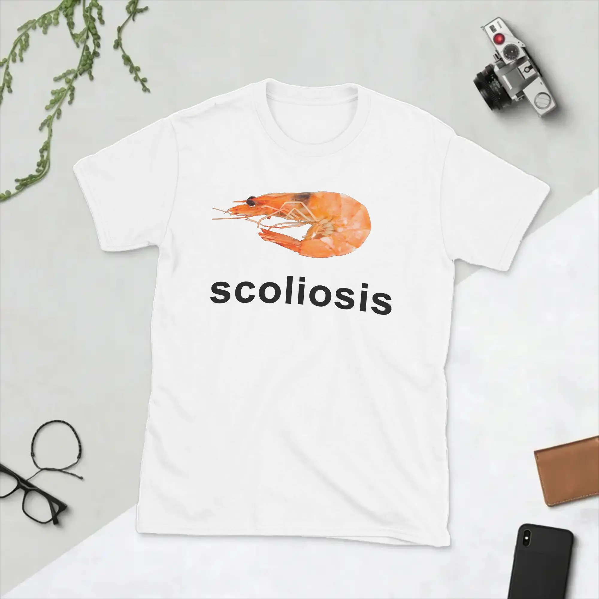 Men T-Shirt Scoliosis Shrimp Prawn Meme Vintage Pure Cotton Tees Short Sleeve  T Shirt O Neck Clothes Classic