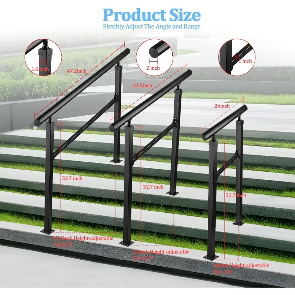 درابزين الدرج الخارجي، درابزين 3-4 خطوات، حديد معزز، خارجي أسود، قضبان أمان متينة من الحديد المطاوع للخطوات