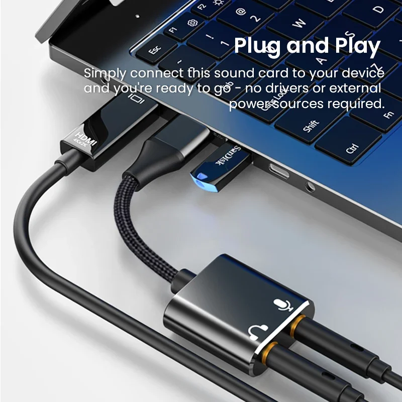 USB Sound Card Adapter - 3.5mm Headphone/Mic Jack - Braided Cable for Windows, Mac, Laptop Audio Enhancement