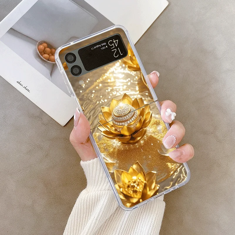 الإبداعية الذهبي لوتس زهرة نمط قضية الهاتف لسامسونج غالاكسي Z فليب 7 فليب 6 5 4 3 غطاء قابل للطي ل Z Flip7 فليب 5 قذيفة #3