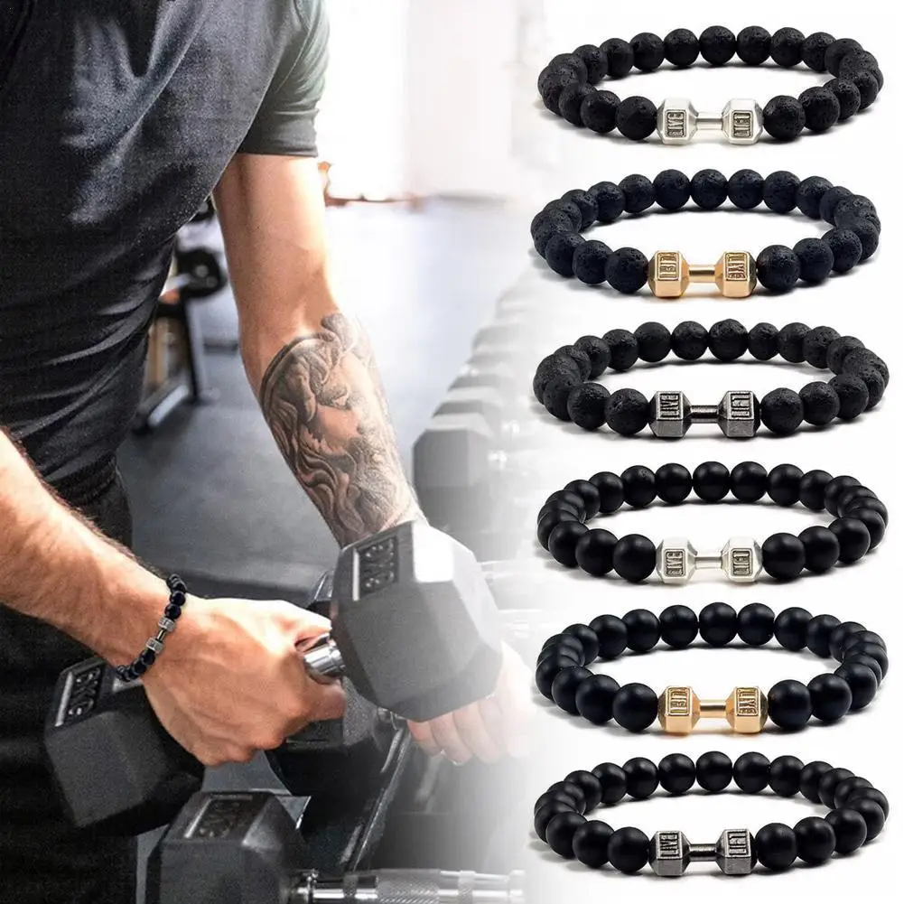 1Pcs Natural Stone Dumbbell Beaded Bracelet Black Beads Fitness Fit Life Prayer Bracelets Bangles Barbell Men Jewelry