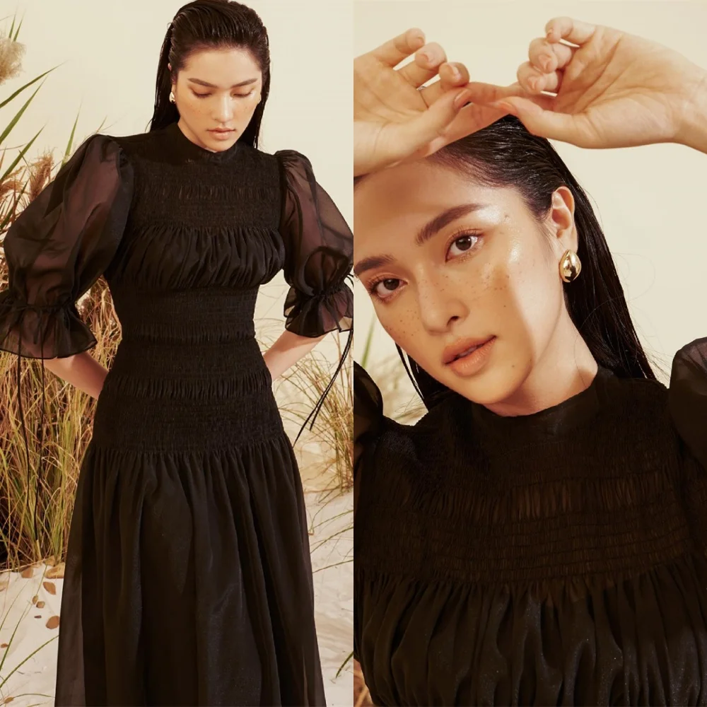 

Customized Formal Black Evening Dress Temperament O-Neck Half Sleeves Homecoming Dresses High Quality Special Occasion Gowns