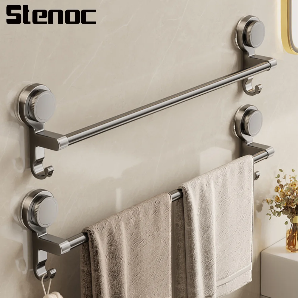 

Bathroom No-Drill Storage Rack Suction Cup Wall-Mounted Towel Rack Removable Double Rod Design With Hook Bathroom Accessories