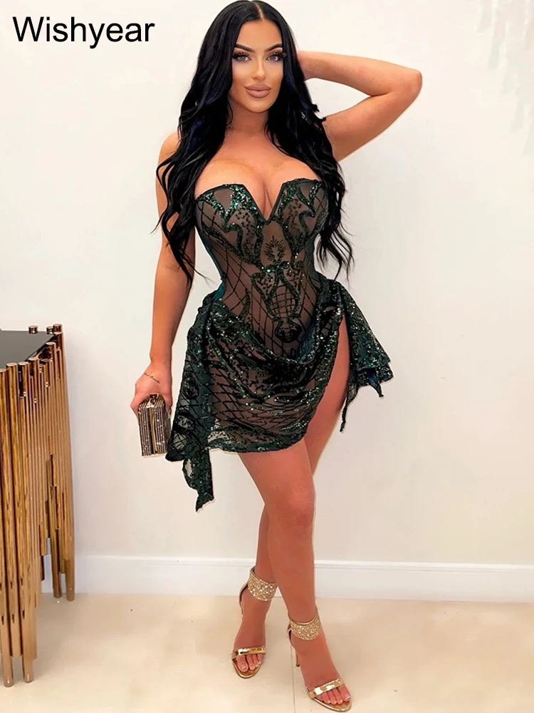 Luxury Sequins Strapless Irregular Bodycon Mini Dresses Women’s Sexy V-Neck Backless Mesh See Through Birthday Female Vestidos