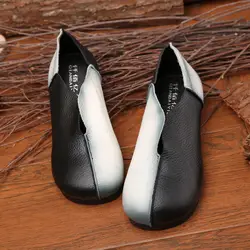 Designer Two Tone Shoes Woman Genuine Leather Ballet Flats Ladies Vintage V-Cut Loafers Women Unique Moccasins Shoes Wide Fit