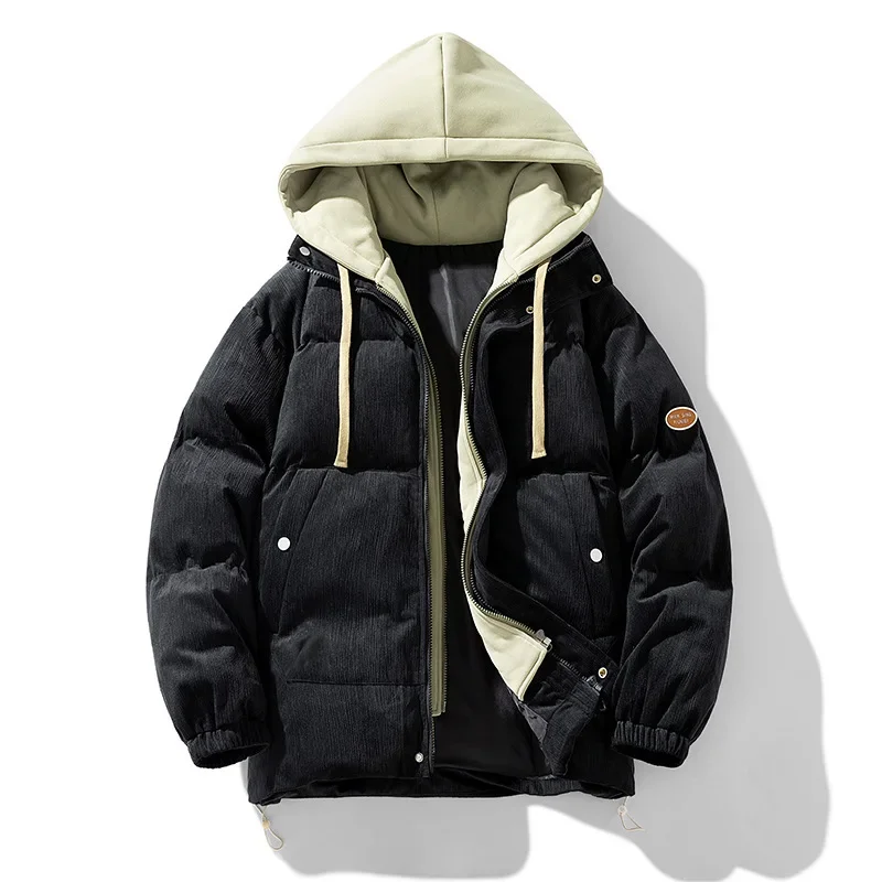 الخريف الشتاء رجل أسفل سترة رشاقته الدافئة التباين اللون الذكور معطف مقنع طويلة الأكمام يندبروف الرجال وهمية قطعتين ملابس خارجية #2