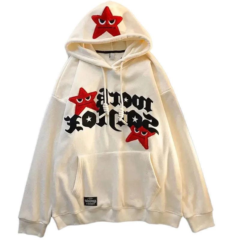 American Retro Angry Star Graphic Embroidery High Quality Fleece Hoodie Women's Y2K New Harajuku Kawaii Couple Casual Joker Top