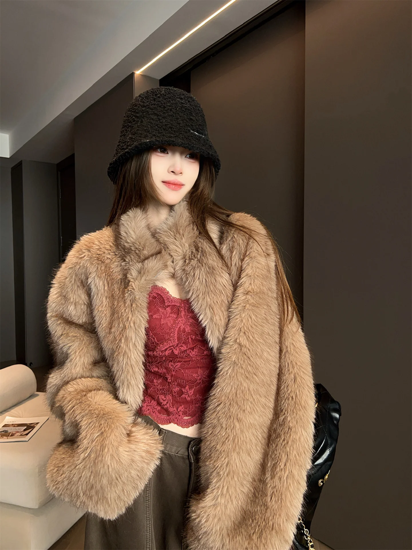 Retro Sle Or Jaet Feminino Outono Inverno Loose Fit Emagrecer Versátil Top Couro E Pele Inteinada Faionable Novo Ar...