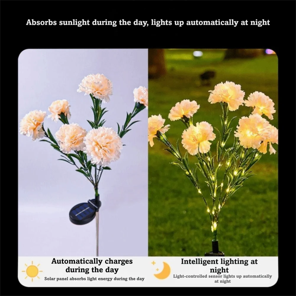Carnation Solar Stake Lights Energy Efficien Zero Electricity Cost Landscape Lamp Highlight Realistic Artificial Flower