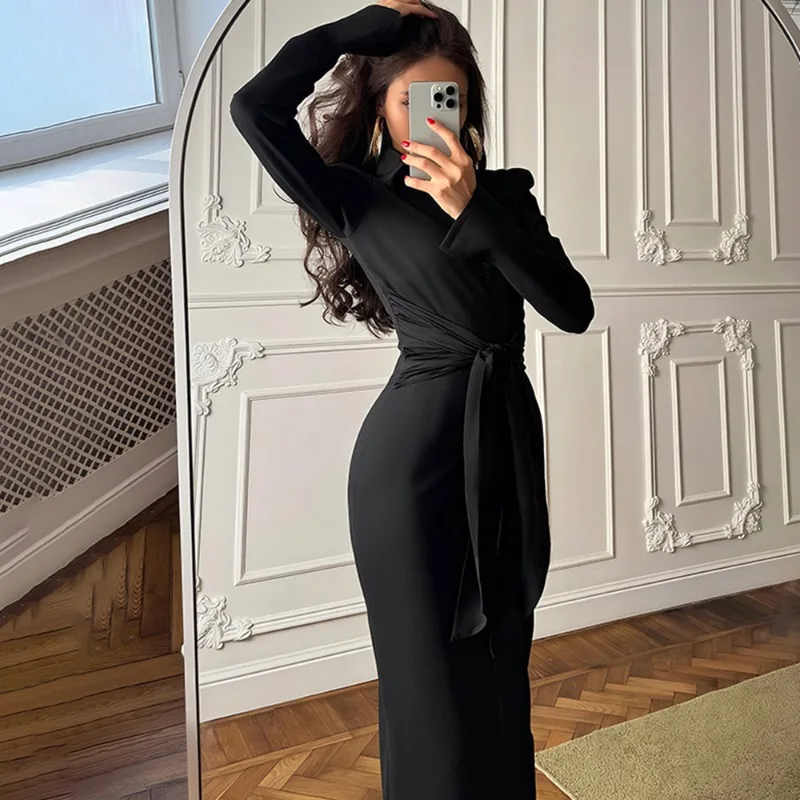 Talenza vestido de noite de luxo feminino elegante sólido cabido rendas plissado vestido de manga comprida moda cintura alta vestido de festa longo