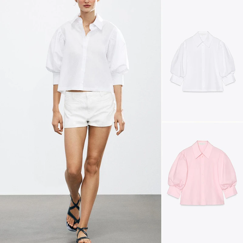 Casual Cotton lin irt Spring Summer New Arrival Women's Commute Sle Long Sve Turn-down Collar Puffy Sve Button-up