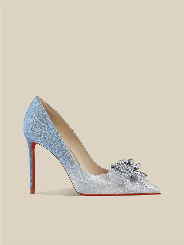 Spring New Pointed Crystal Glitter Color blocked Mesh Bow Beaded Wedding Shoes Banquet Dress Stiletto High Heels Women's Shoes