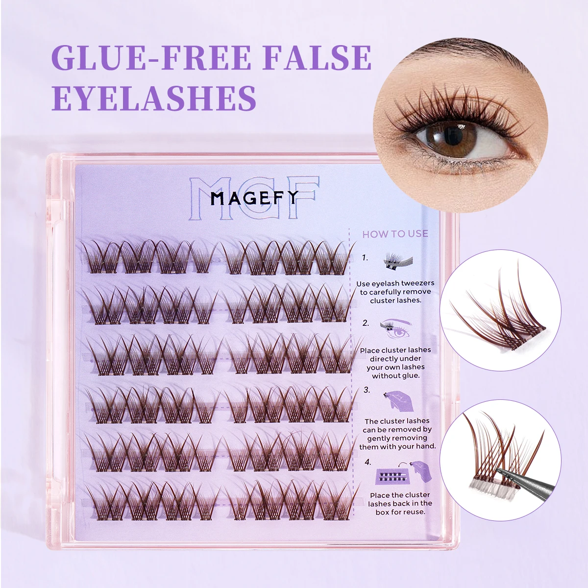 MAGEFY No Glue 36/48 رموش فردية بنية اللون 10-12 مم مطلوبة سهلة الإزالة، أدوات تجميل العين لتمديد الرموش الطبيعية