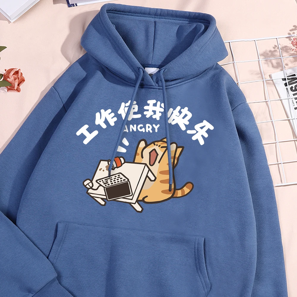 Work Makes Me Happy Fun Cat Hoody Men Women Street Harajuku Streetwear Harajuku Loose Warm Sportswear Casual Fleece Couple Hoody