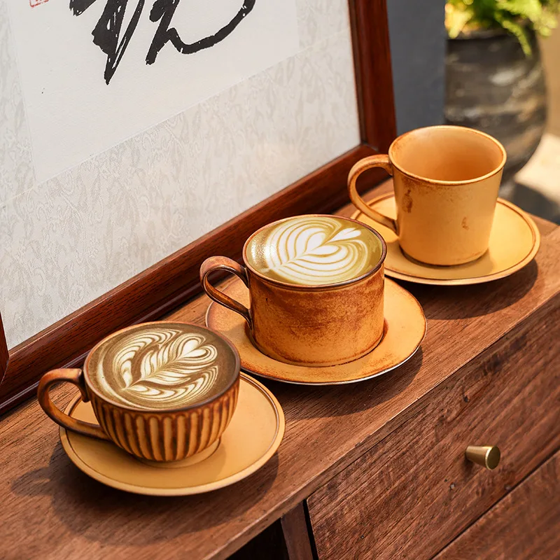 

Retro American Ceramic Coffee Mugs Cup and Saucer Light Luxury Latte Afternoon Tea Cups Creative Stoneware Water Mugs Drinkware