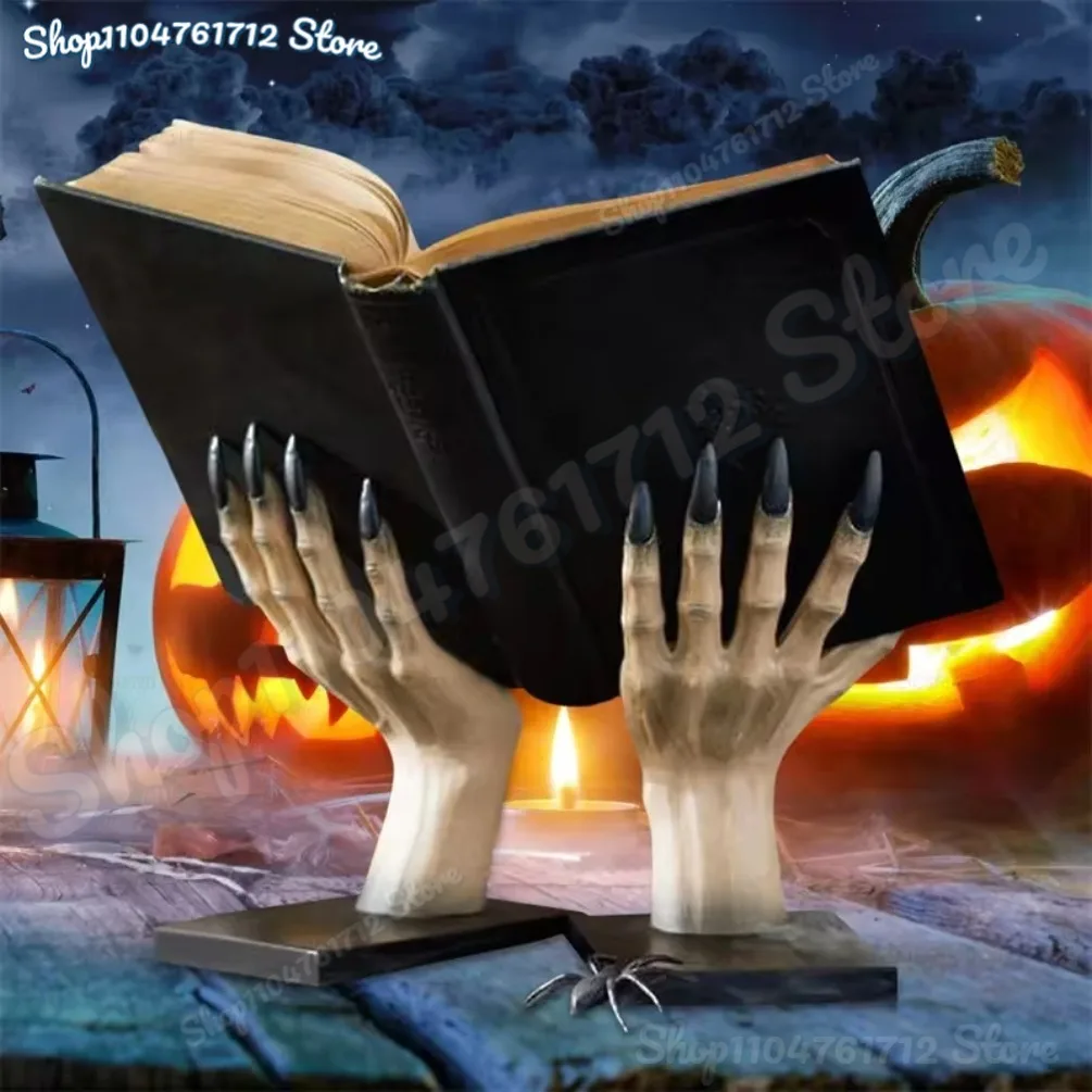 

Halloween Hand Book Stand Resin Statue Bookshelf Scary Party Tabletop Home Decoration Witch Book Holder Bookcase Bedroom Desk
