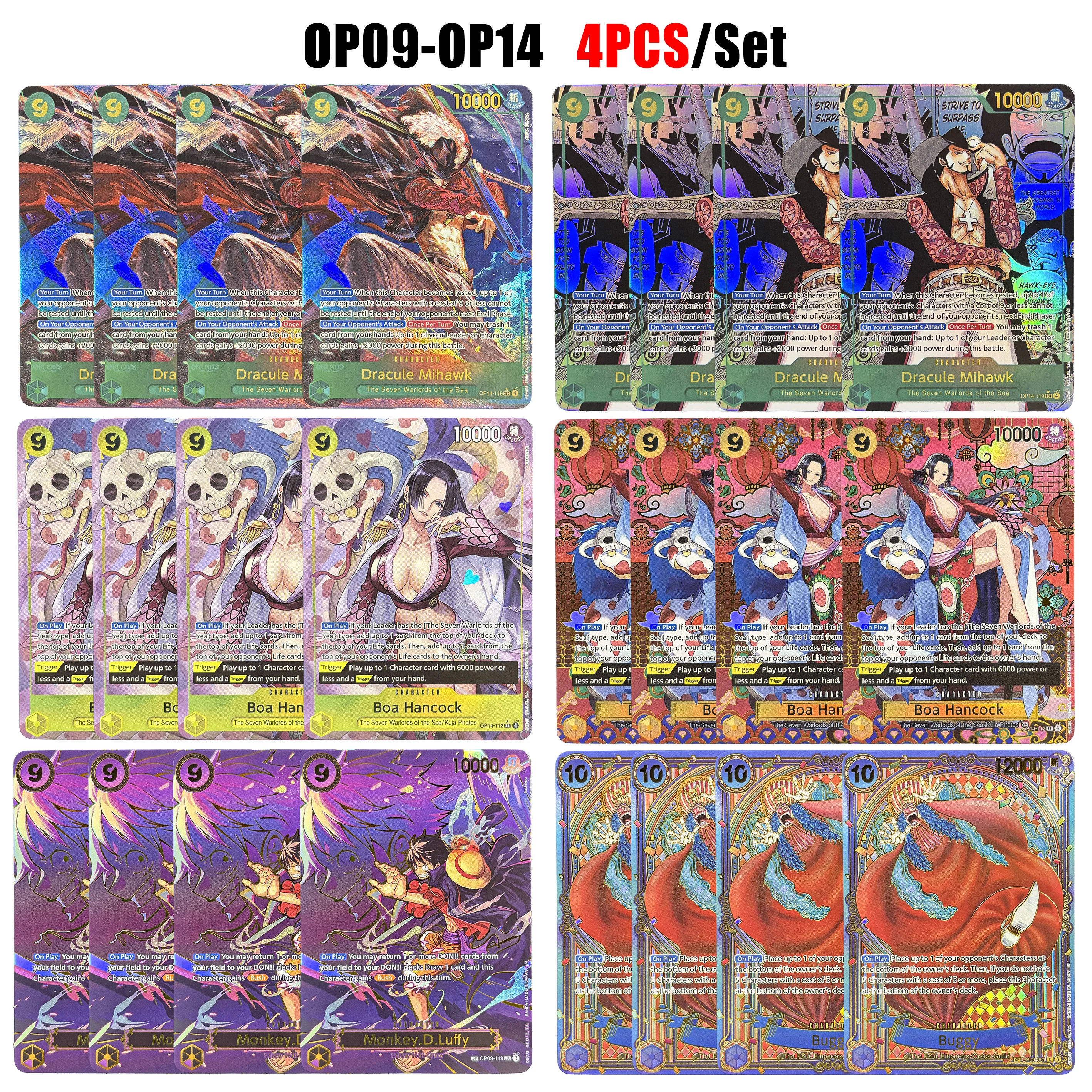 

4PCS/Set ONE PIECE OP09-14 Character Rare Alt Art The Seven Warlords of the Sea Mihawk/Hancock/Luffy Anime Trading Proxy Card