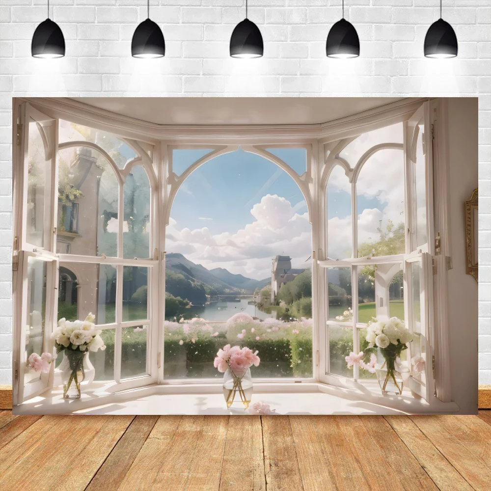 Pink Flowers Garden Arched Floor-To-Ceiling Windows Valentine\'s Day Photography Background Baby Girls Portrait Indoor Backdrop