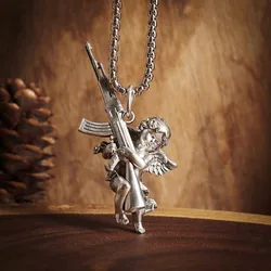 Angel with Gun Peace and War Pendant Cute Cupid Necklace Men and Women Pray Jewelry Couple Anniversary Gift