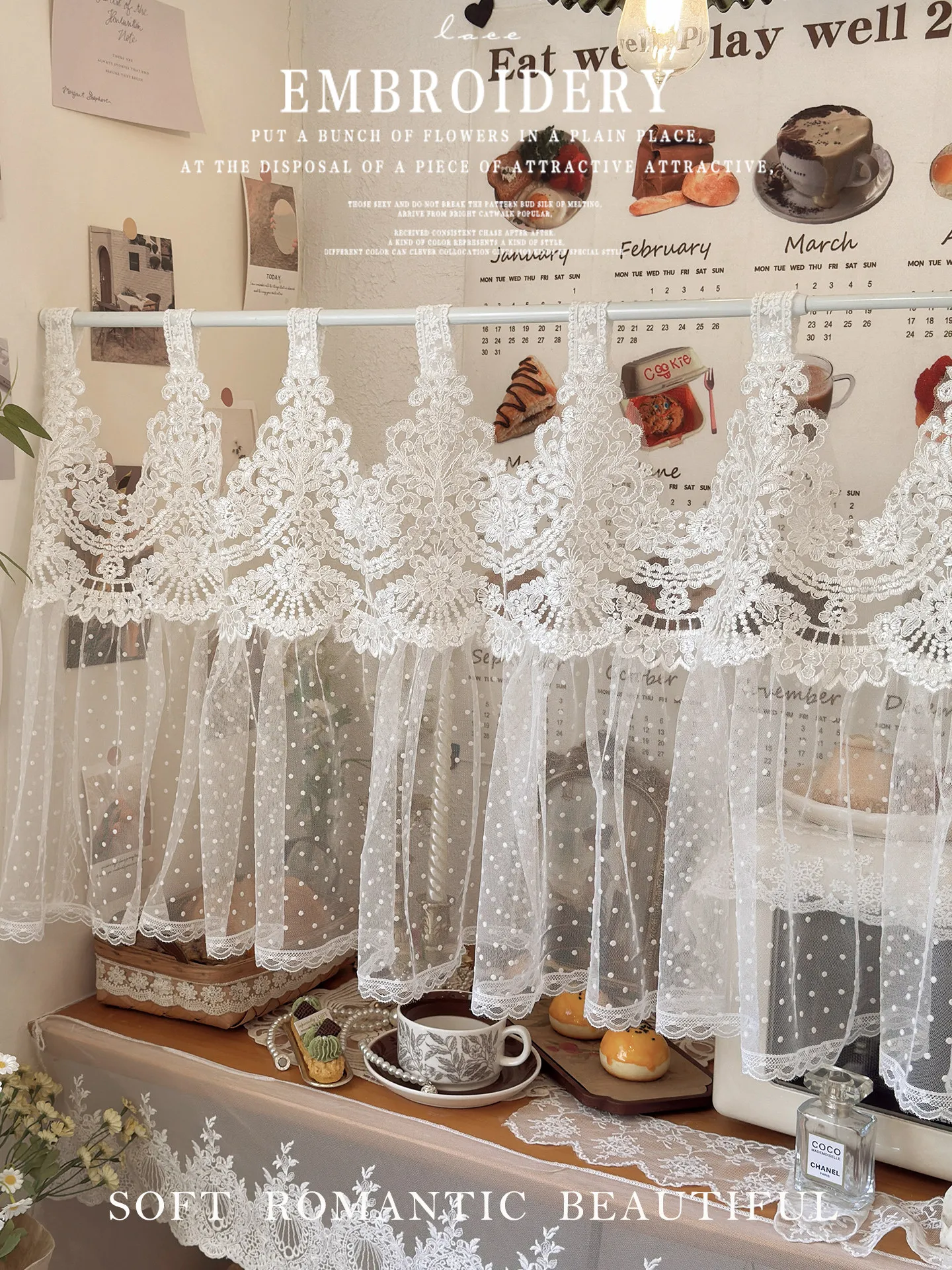 French Romantic Embroidered White Lace Short Curtain Princess Luxury Sheer Curtians Tulle Kitchen Window Decor Partition Blinds