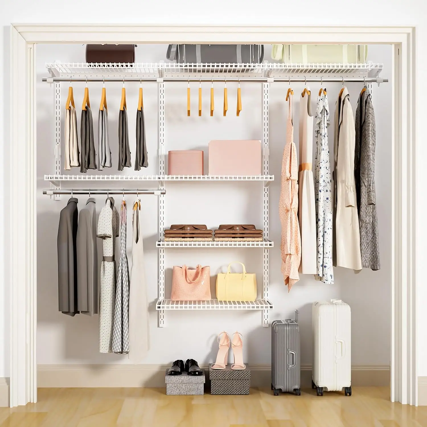 Wire Closet Organizer System, Wall Mounted 6.5 Ft. Custom Closet Kit for Bedrooms Laundry Mudroom Garage Basement, Adjustable St