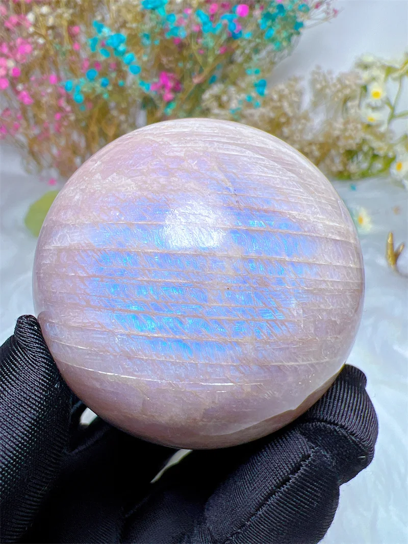 Natura Crystal  Moonstone SPhere With Rain Bow Free Form  Carving Reiki Healing Stone Home Decoration Exquisite Gift