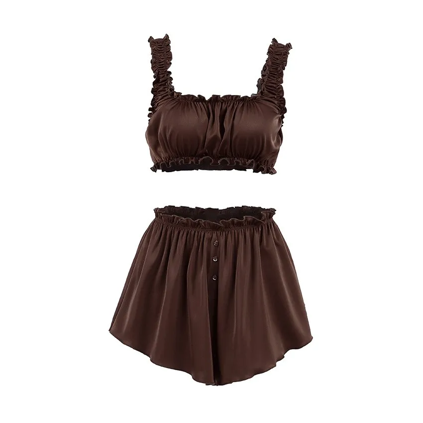 Summer Women Pajamas Shorts Satin Breathable Sleepwear Short Pants Crop Top Ruffle Trim Sleep Shorts Button Front Solid Color view 5