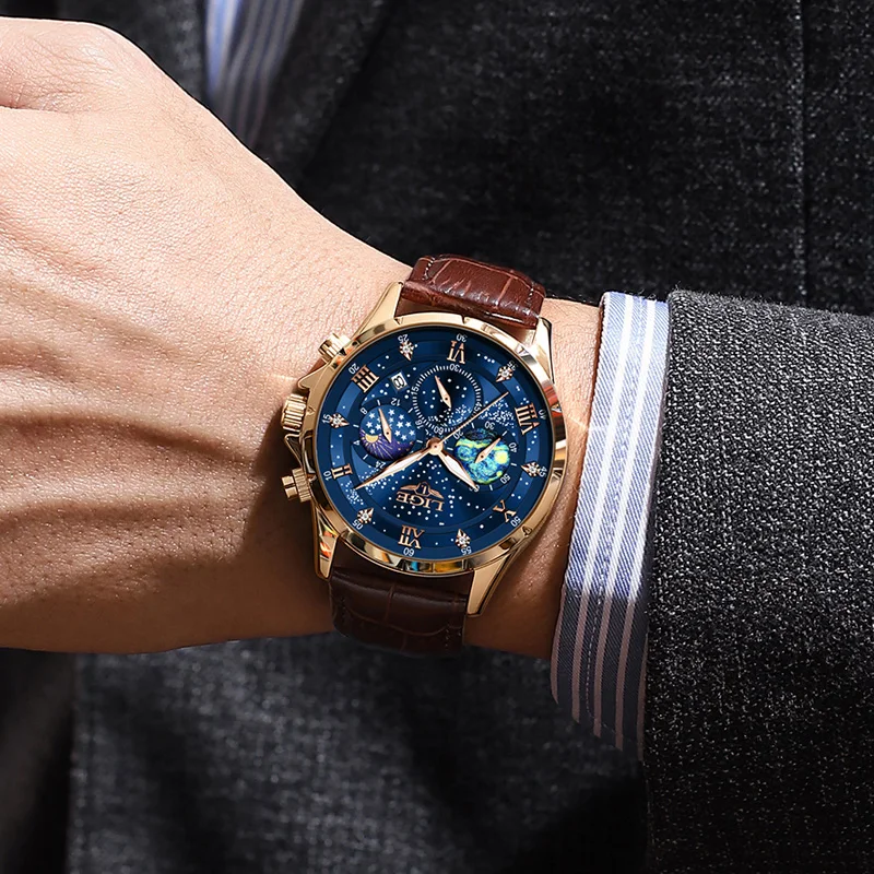 LIGE Creative Mens Watches The Starry Night Paintings Dial Quartz Wristwatches Luminous Star Moonswatch  Watch Men Chronograph