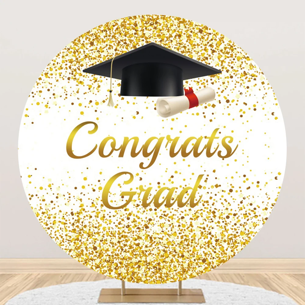 Class of 2024 Celebrate Graduation Party Round Elasticity Backdrop Grad Bachelor Cap Gold Light Bokeh Photography Background