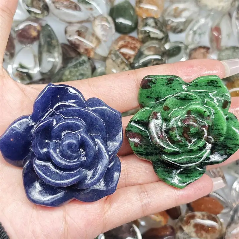 Natural Blue Sodalite Ruby In Zoisite Flower Carving Energy Gem Reiki Healing Home Decoration Gift Collection 1pcs