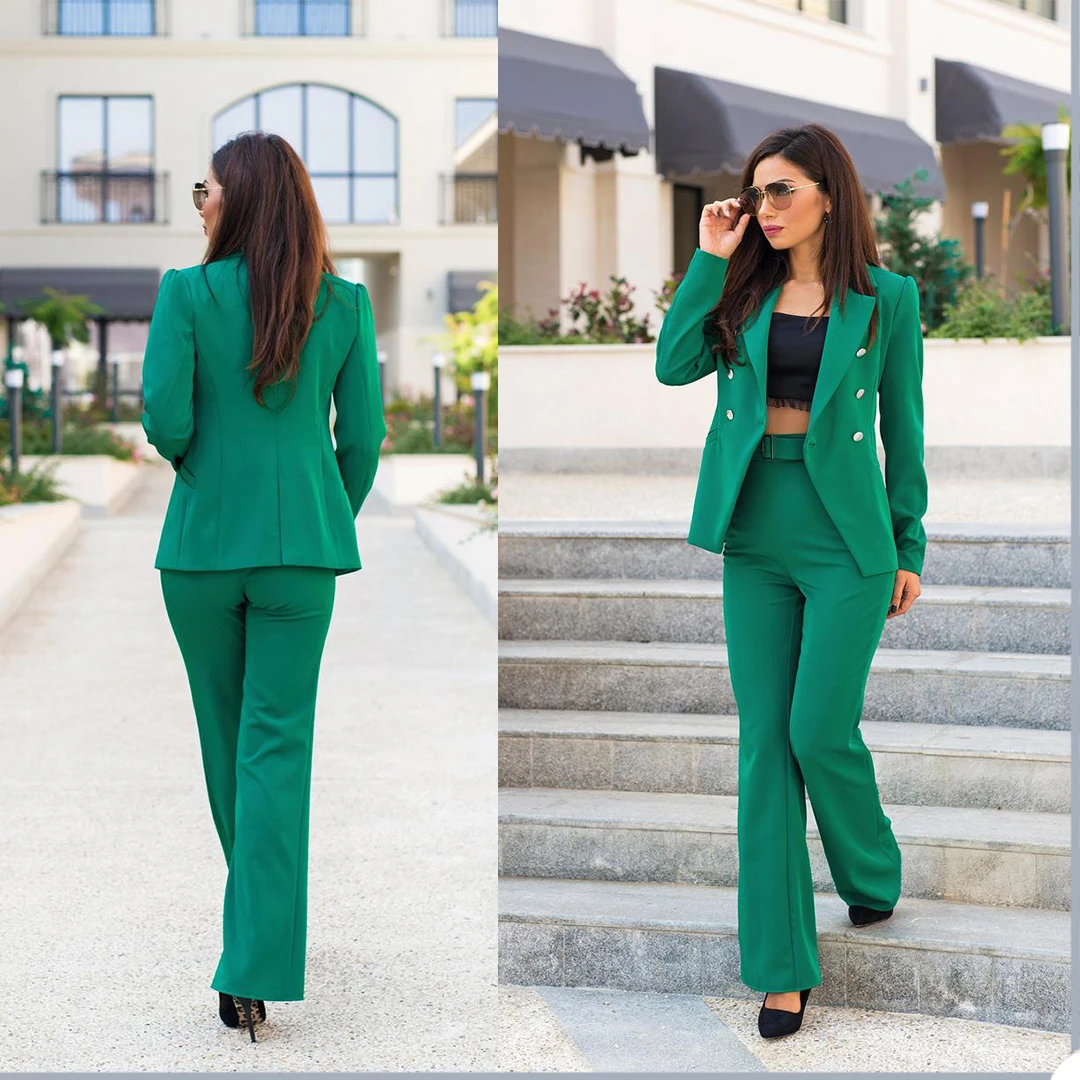 Vestidos Vintage verdes para madre de la novia, Blazer de doble botonadura, pantalones acampanados, elegantes trajes de fiesta de graduación hechos a medida