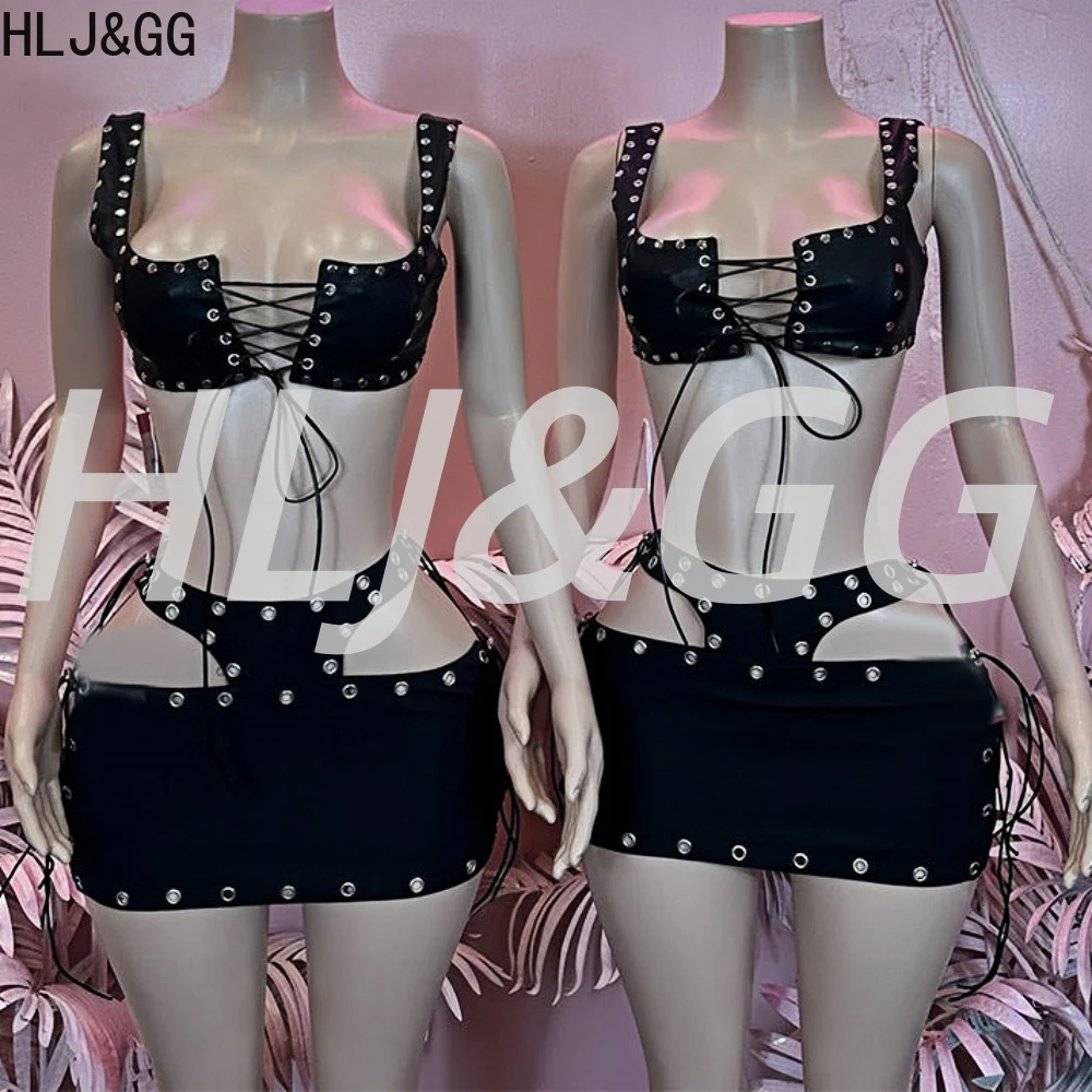

HLJ&GG Black Sexy Leather Rivets Hollow Two Piece Sets Women Spaghetti Strap Bandage Crop Top And Mini Skirts Outfits Streetwear