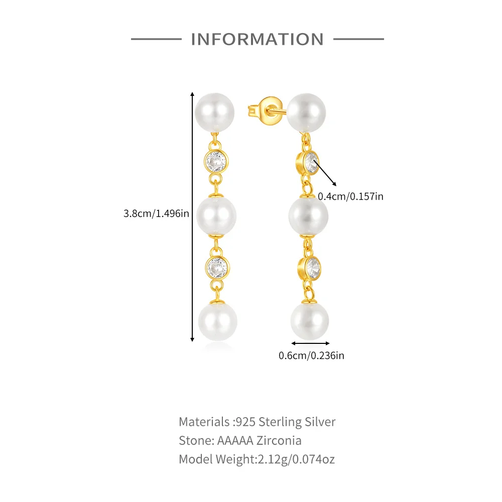 CANNER 925 Sterling Silver Long Fringed Pearls With Zircons Drop Earrings For Women 18K Gold Minimalism Exquisite Fine Jewelry