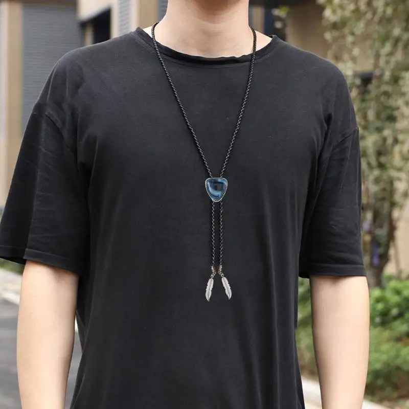 

M6CD Triangular Stone Bolotie Leather Rope Necktie Necklace Metal Shirt Chain