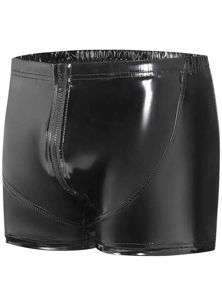 S-5XL Shiny Faux PU Leather Shorts Wet Look PVC Trunks Zipper Boxer Briefs Tights Boxershorts Micro Mini Bermudas Calzoncillons