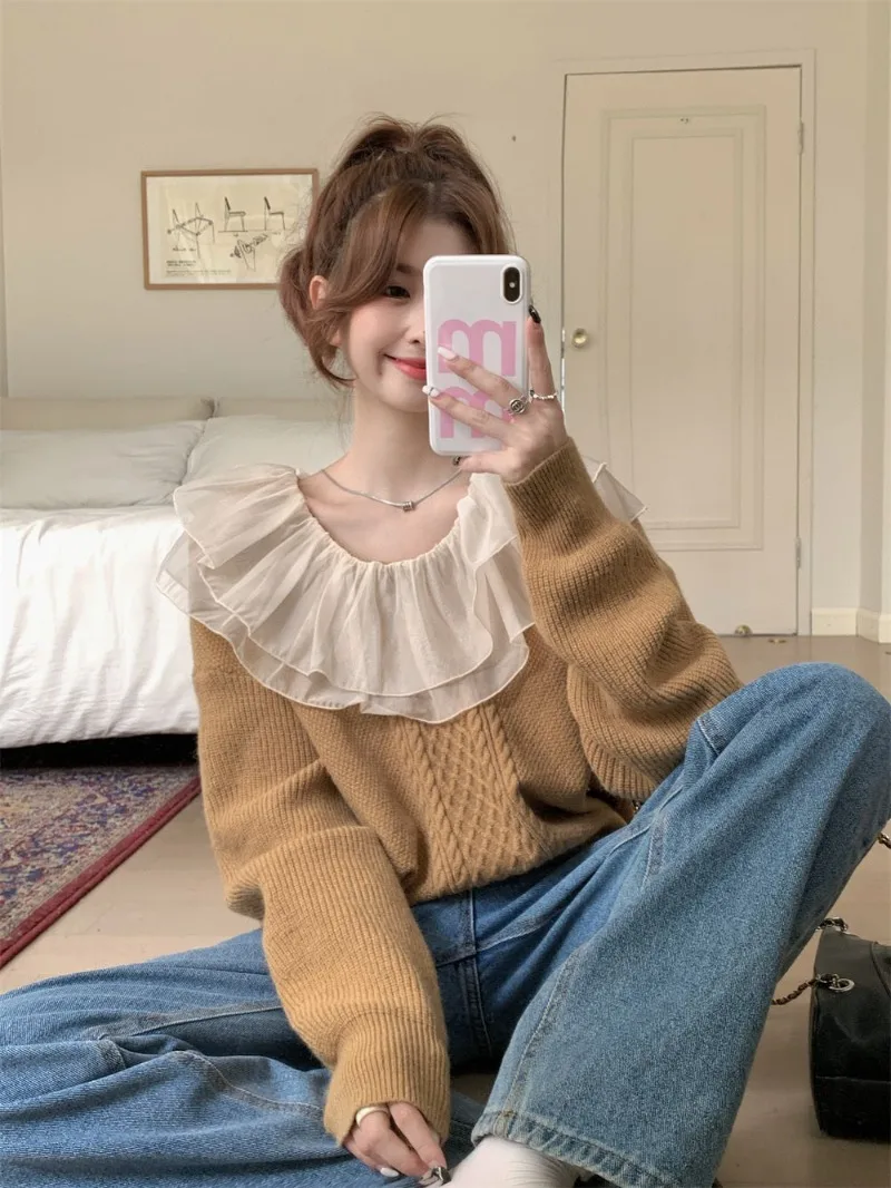 Korean version short contrasting loose knit sweater for women's new style spliced small fragrant style mushroom edge top