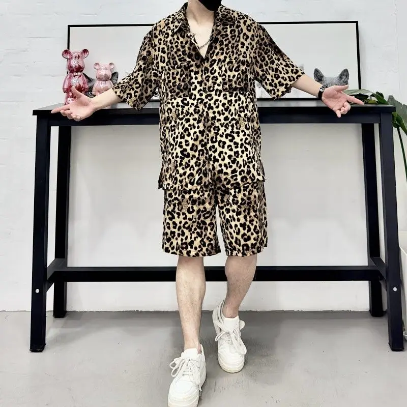

Men's casual suit summer new trend leopard print short-sleeved shirt fashionable matching