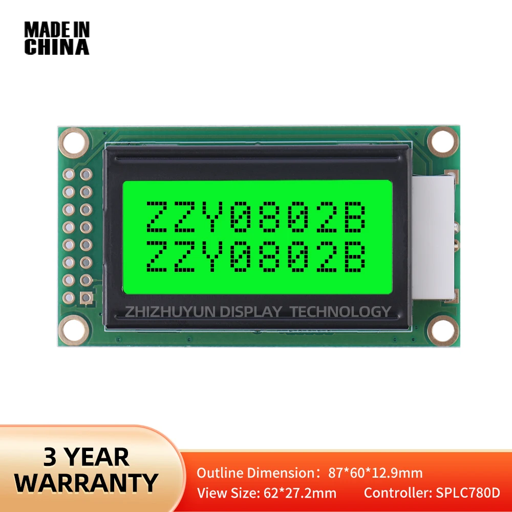 وحدة COB LCD ، ضوء زمردي أخضر ، أحرف سوداء ، شاشة LCD ، 16PIN ، 0802B ، 8*2 حرف