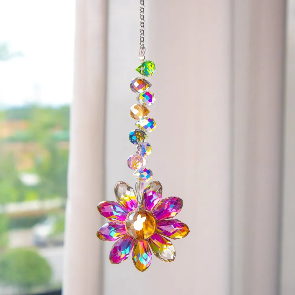 6 Color Glass Crystal Pendant Rainbow Maker Indoor Window Sunflower Sun Catcher Ornament Christmas Gift Yard Garden Decorations